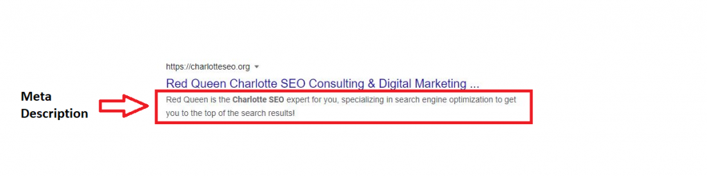 The search engine results for "Red Queen SEO" labeled with an arrow and the words Meta Description for teaching on-page SEO basics