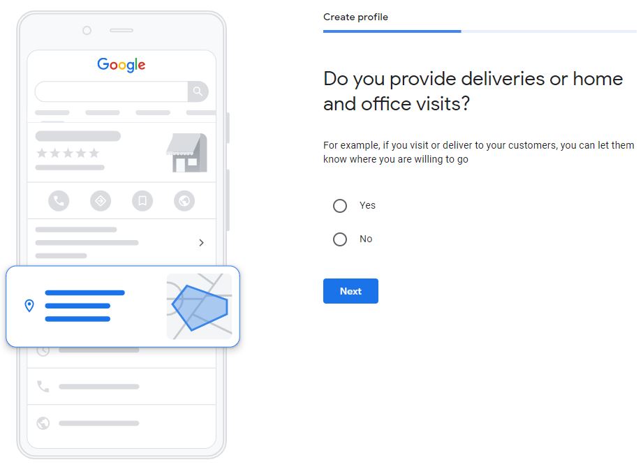 A screenshot of the question "do you provide deliveries or home and office visits?" with "yes" and "no" options, and smartphone clipart showing a pentagon on a map, indicating a service area within the shape.