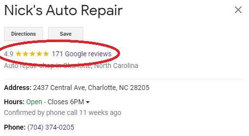 A screenshot of Nick's Auto Repair profile with a red circle around 4.9 stars and 171 Google reviews.