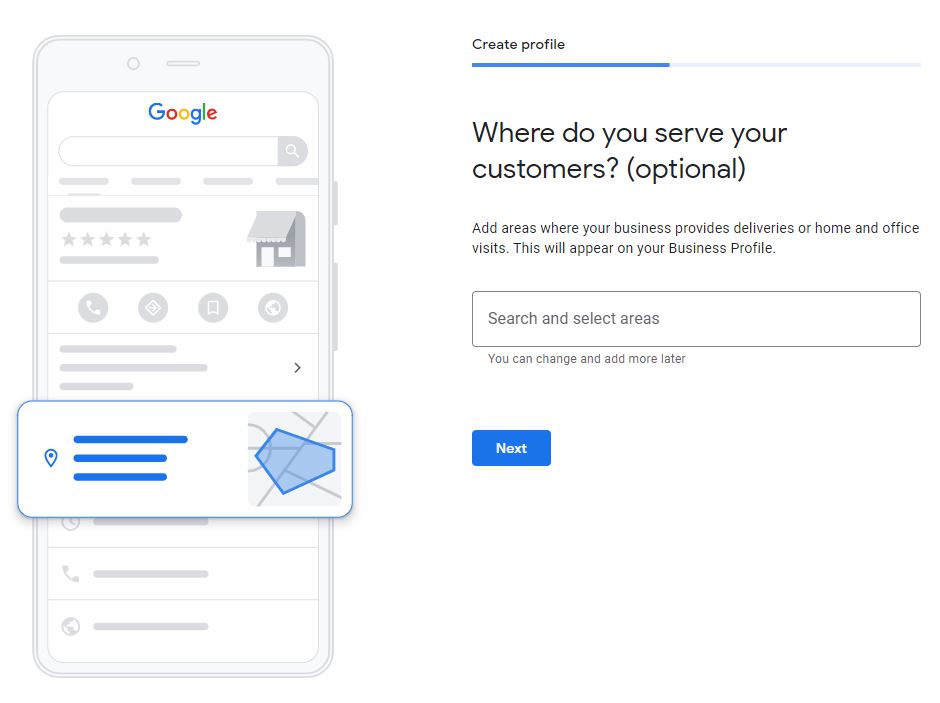A screenshot to explain Step 4 in the process of setting up a Google Business Profile. The screenshot of clipart of a smart phone with pentagon on a map to explain the concept of a service area and the question "where do you serve your customers? (optional)" with a field to search and select areas.